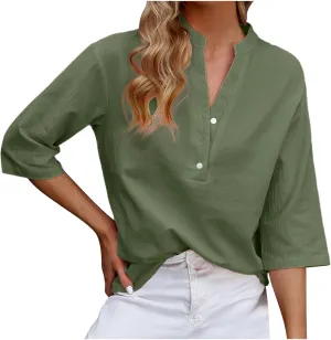 Women's V-Neck Long Sleeve Loose Button Cotton And Linen T-shirt Blouse,2024 Fall&Winter Womens Trendy Tops