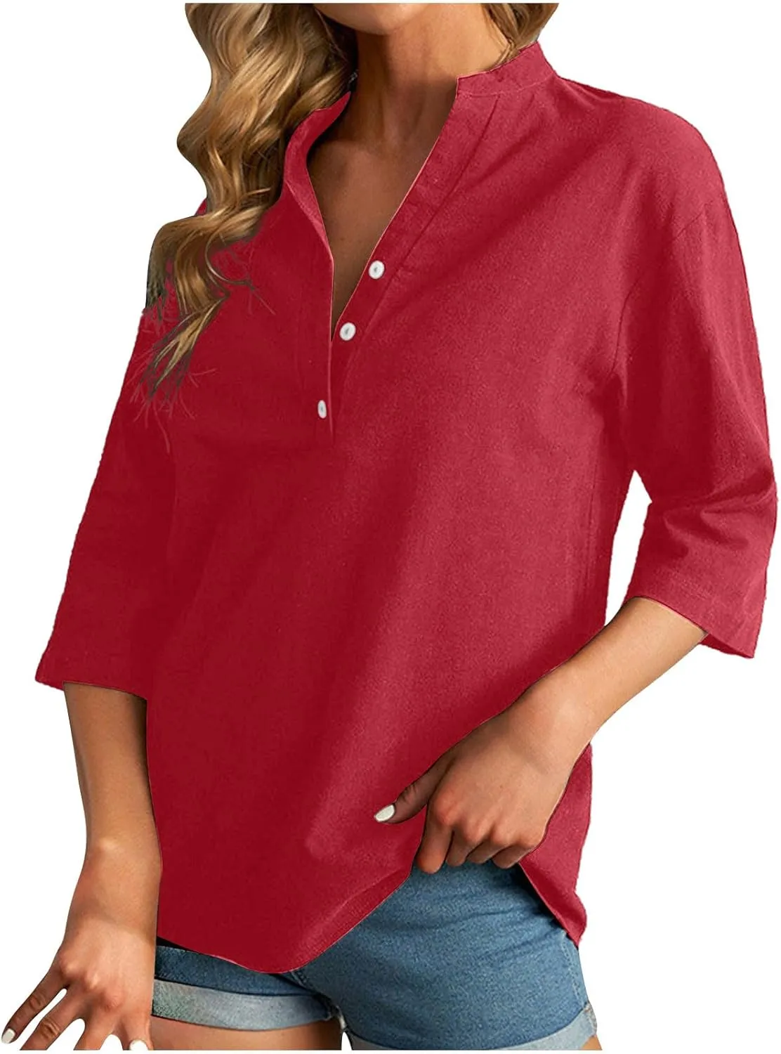 Women's V-Neck Long Sleeve Loose Button Cotton And Linen T-shirt Blouse,2024 Fall&Winter Womens Trendy Tops
