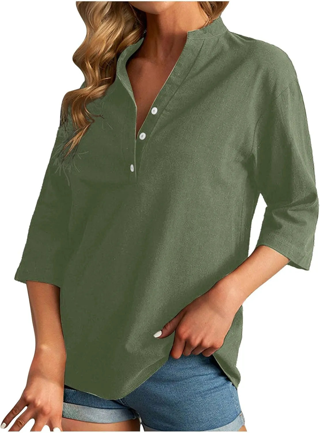 Women's V-Neck Long Sleeve Loose Button Cotton And Linen T-shirt Blouse,2024 Fall&Winter Womens Trendy Tops