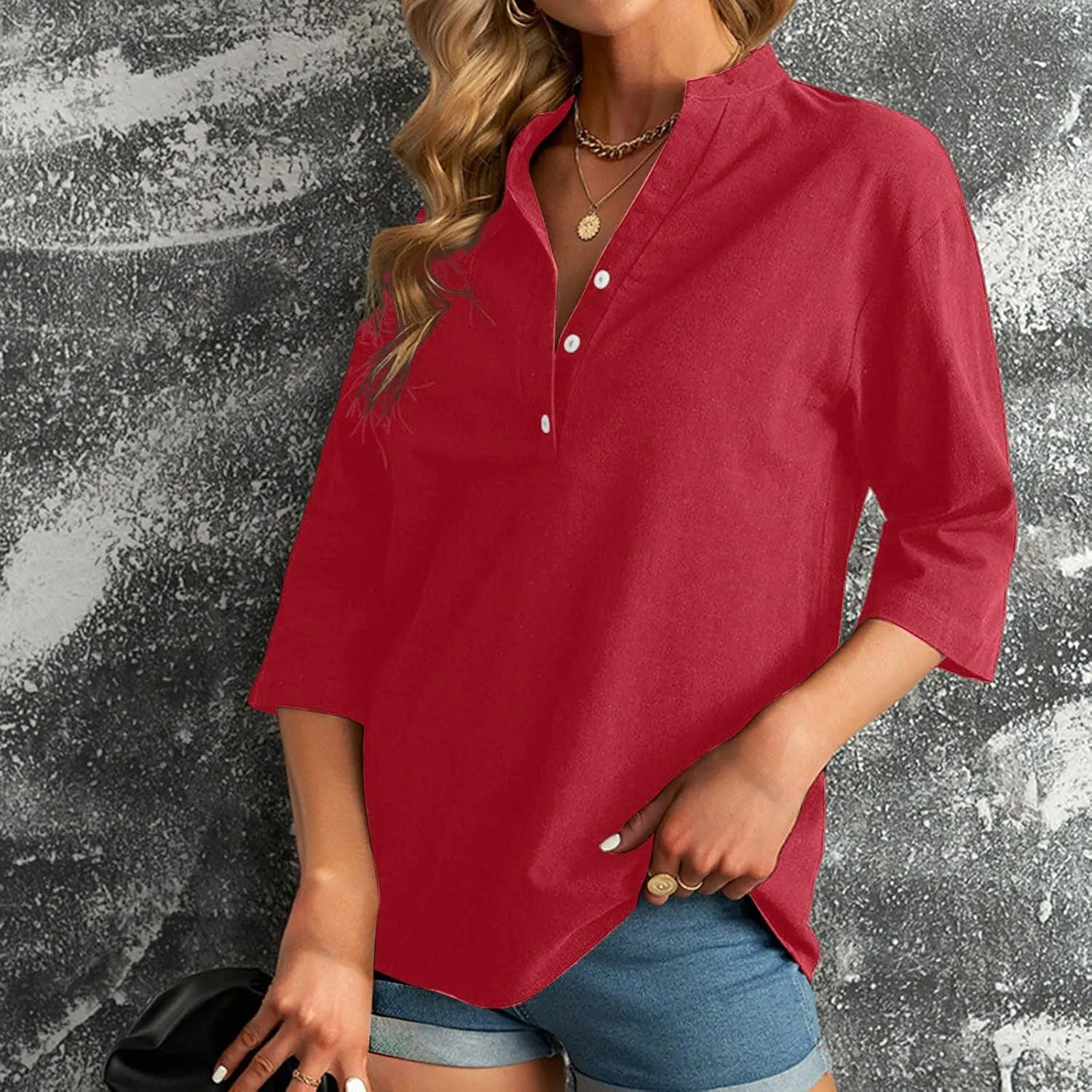 Women's V-Neck Long Sleeve Loose Button Cotton And Linen T-shirt Blouse,2024 Fall&Winter Womens Trendy Tops