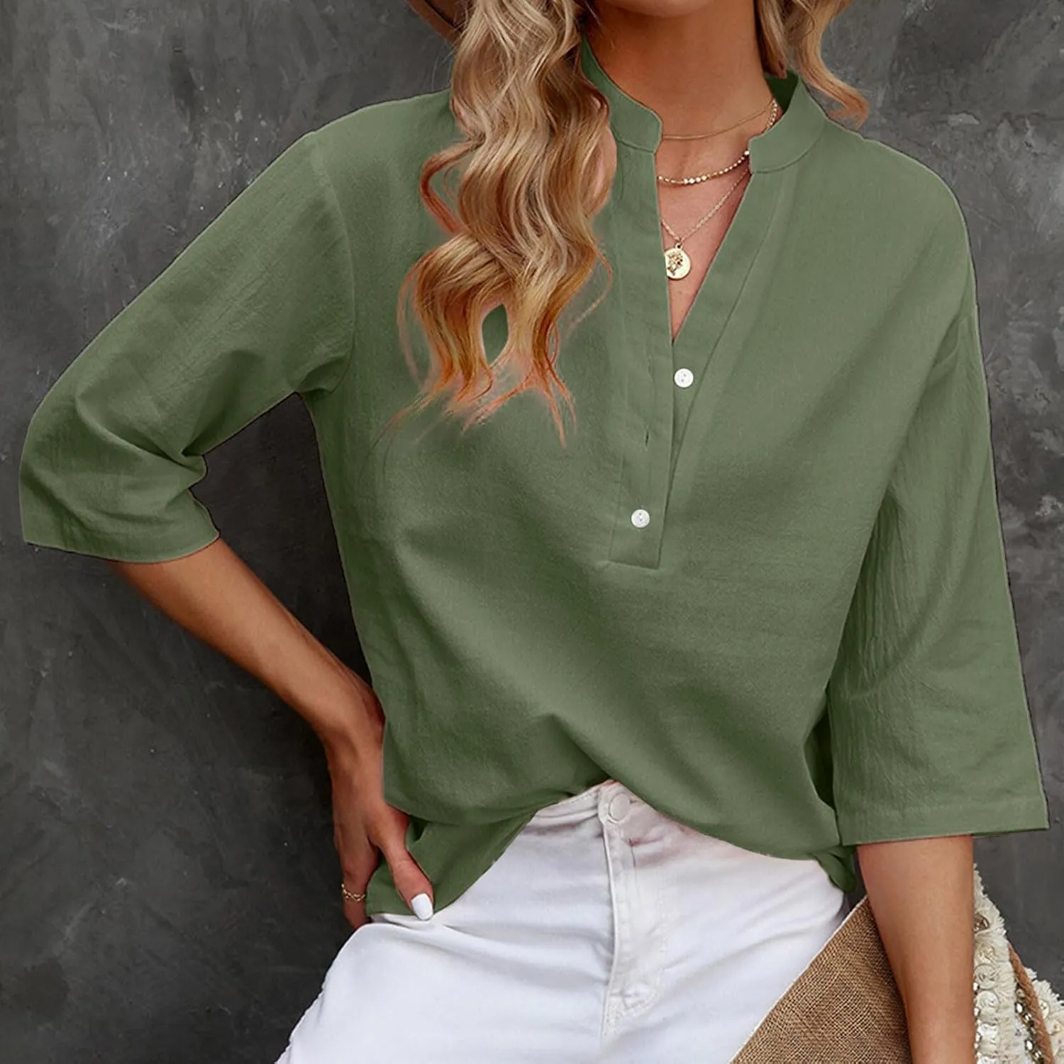 Women's V-Neck Long Sleeve Loose Button Cotton And Linen T-shirt Blouse,2024 Fall&Winter Womens Trendy Tops