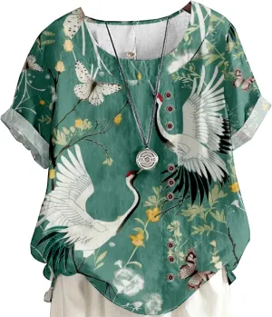 Women's Vintage Linen Tops Short Sleeve Boho Summer Graphic Tees Tunic T Shirts Casual Button Down Blouses