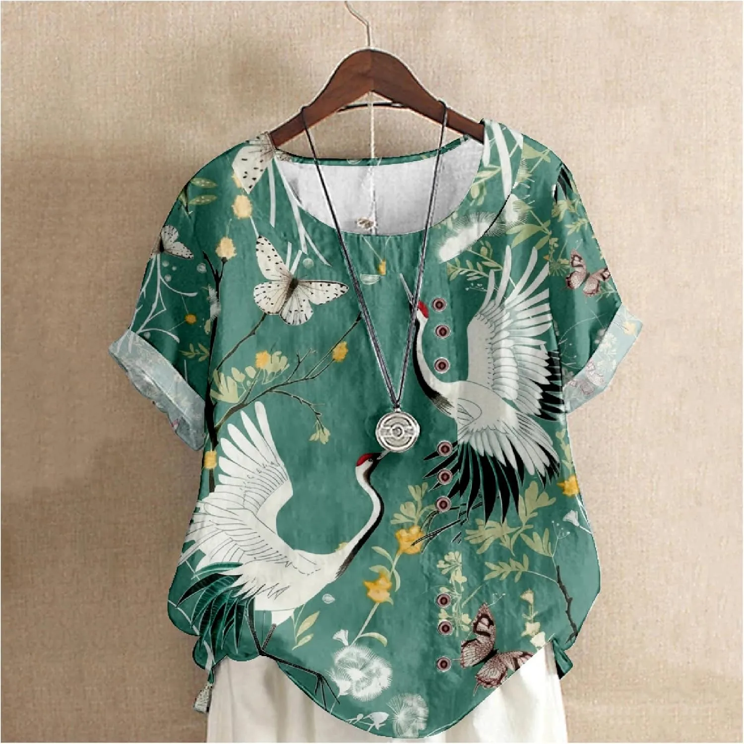 Women's Vintage Linen Tops Short Sleeve Boho Summer Graphic Tees Tunic T Shirts Casual Button Down Blouses