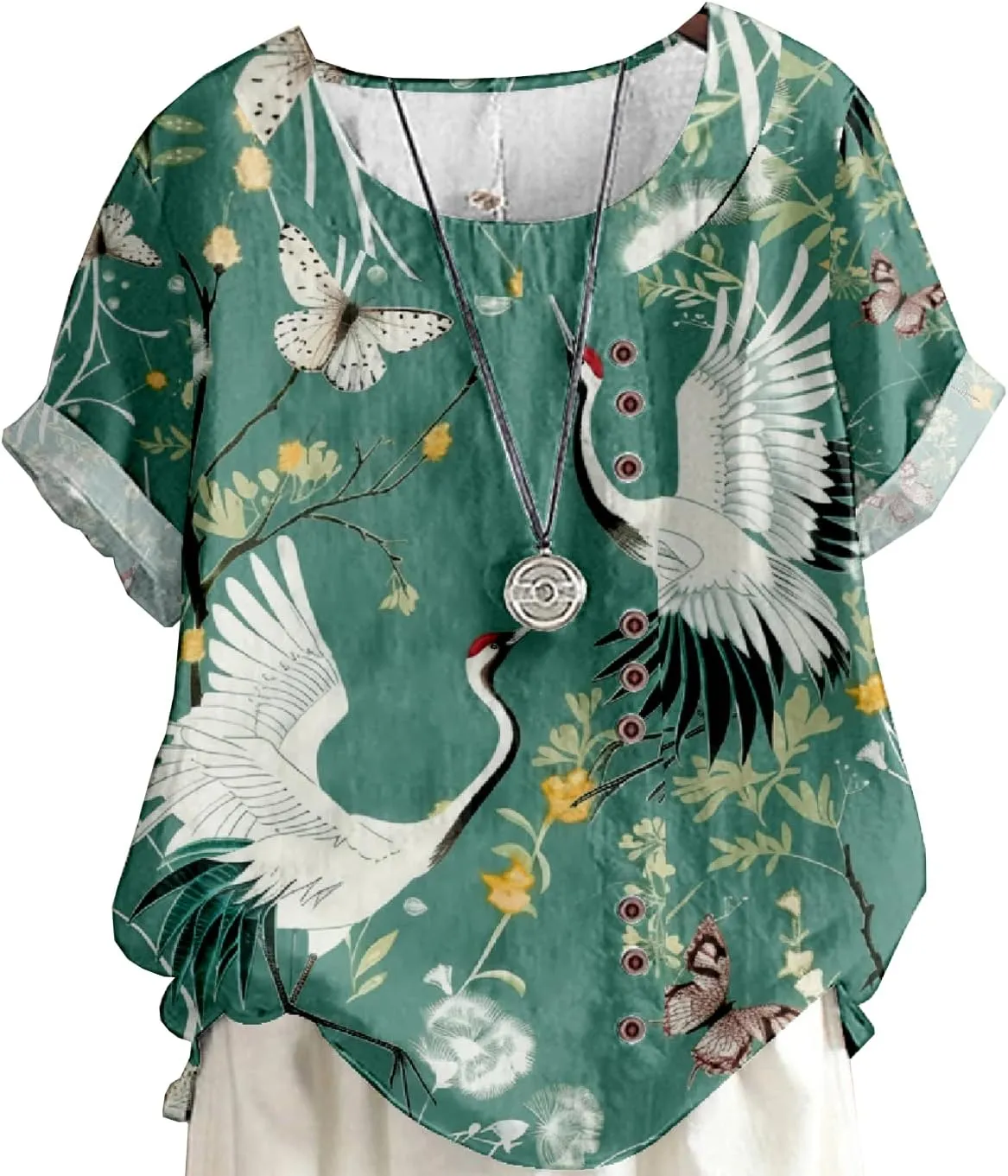 Women's Vintage Linen Tops Short Sleeve Boho Summer Graphic Tees Tunic T Shirts Casual Button Down Blouses