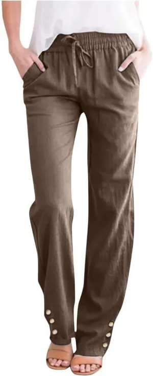 Women's Wide Leg Pants High Waist Casual Summer Linen Pants Drawstring Straight Leg Lounge Trousers with Pockets
