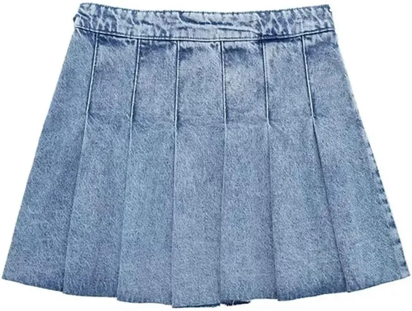 Women's Wide Pleated Denim Mini Skirt Vintage High Waist Side Zipper Women's Skirt
