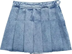 Women's Wide Pleated Denim Mini Skirt Vintage High Waist Side Zipper Women's Skirt