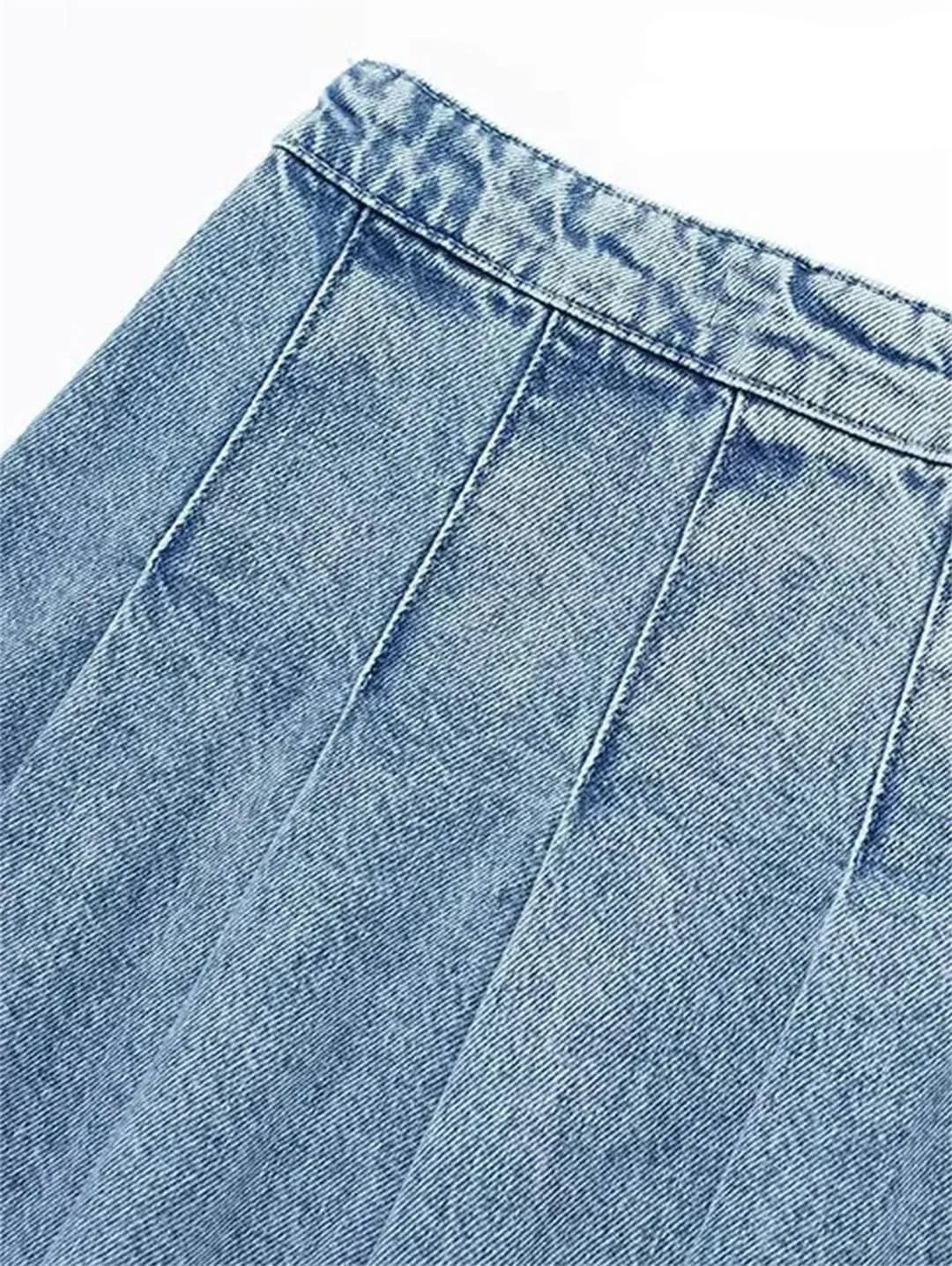 Women's Wide Pleated Denim Mini Skirt Vintage High Waist Side Zipper Women's Skirt