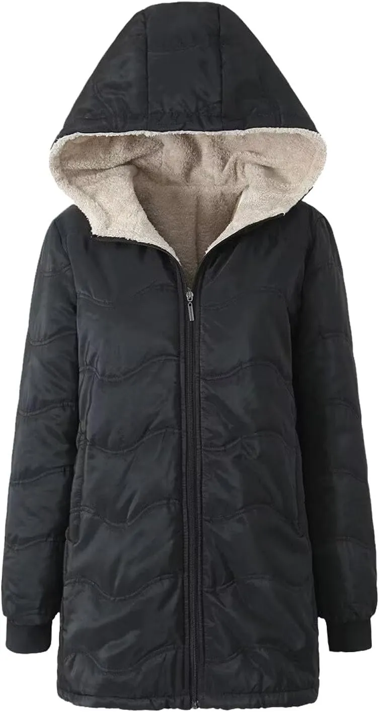 Women's Winter Down Jacket Solid Thicken Hooded Puffer Long Sleeve Jackets Warm Quilted Coats Trendy Outfits