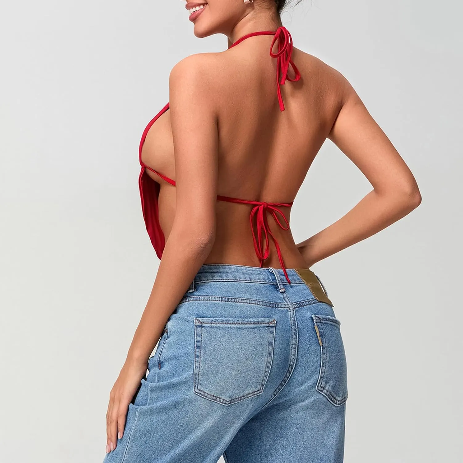 Women's Y2K Halter Going Out Crop Tops Sexy Open Back Deep V Neck Sleeveless Ruched Vest Tank Tops Party Clubwear