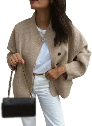 Wool Trench Coat Winter Women's Retro Trench Coat Loose Stand-Up Collar Double-Breasted Warm Wool Cardigan