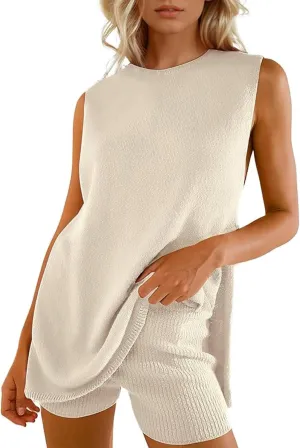 Yimoon Womens Summer Sweater Set 2 Piece Beach Vacation Outfits Sleeveless Tunic Top Matching Shorts Lounge Set(Apricot-Large)
