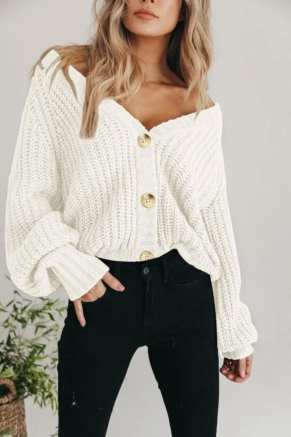yoeasy Women's Button Open Front Cardigan Long Sleeve Chunky Knit Loose Trendy Short Sweater Outerwear Coats