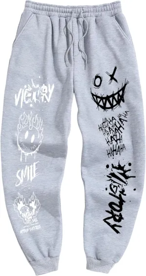 ZAFUL Men's Sweatpants Tapered Gym Running Workout Pants Cartoon Face Print Athletic Drawstring Joggers with Pockets