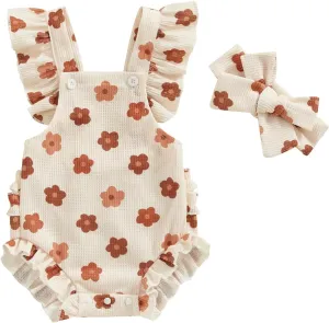 ZAXARRA Little Baby Girls 2Pcs Summer Outfits Fly Sleeve Flower Print Bodysuit with Headband Newborn Clothes