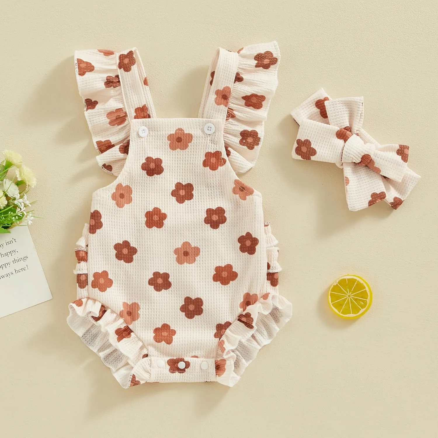 ZAXARRA Little Baby Girls 2Pcs Summer Outfits Fly Sleeve Flower Print Bodysuit with Headband Newborn Clothes