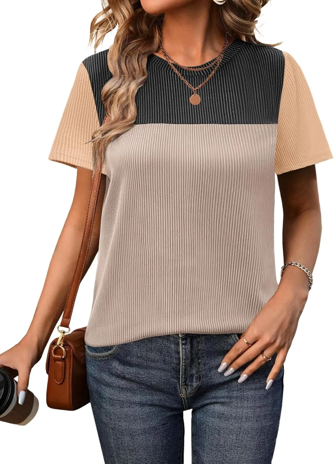 Zeagoo Womens Casual Summer Tops Short Sleeve T Shirts Crewneck Basic Tees Blouses Color Block Tunic Tops