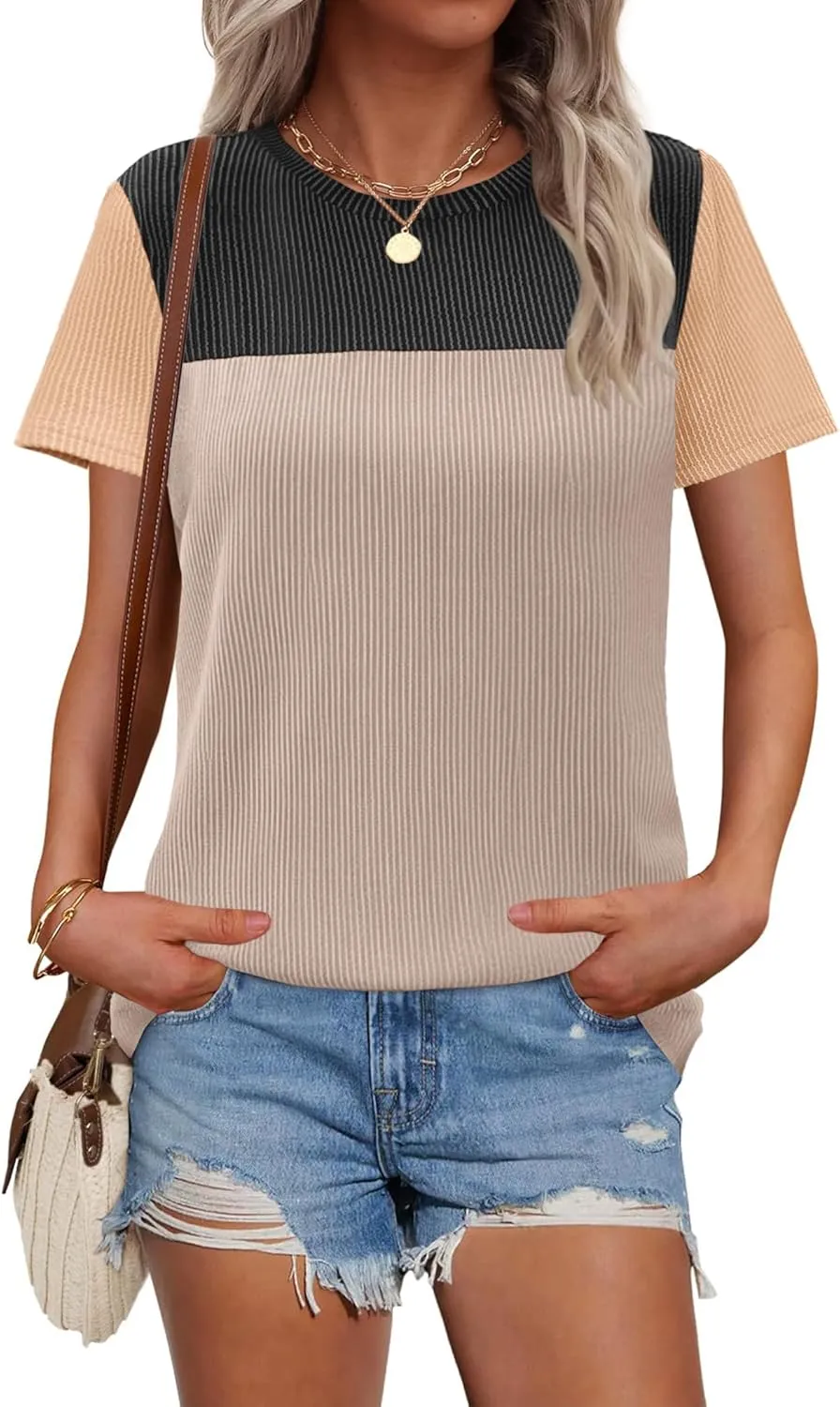 Zeagoo Womens Casual Summer Tops Short Sleeve T Shirts Crewneck Basic Tees Blouses Color Block Tunic Tops