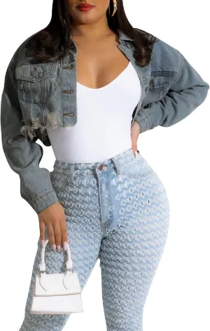ZERMOM Women's Cropped Denim Jacket Button Down Long Sleeve Fitted Crop Top Jean Coat