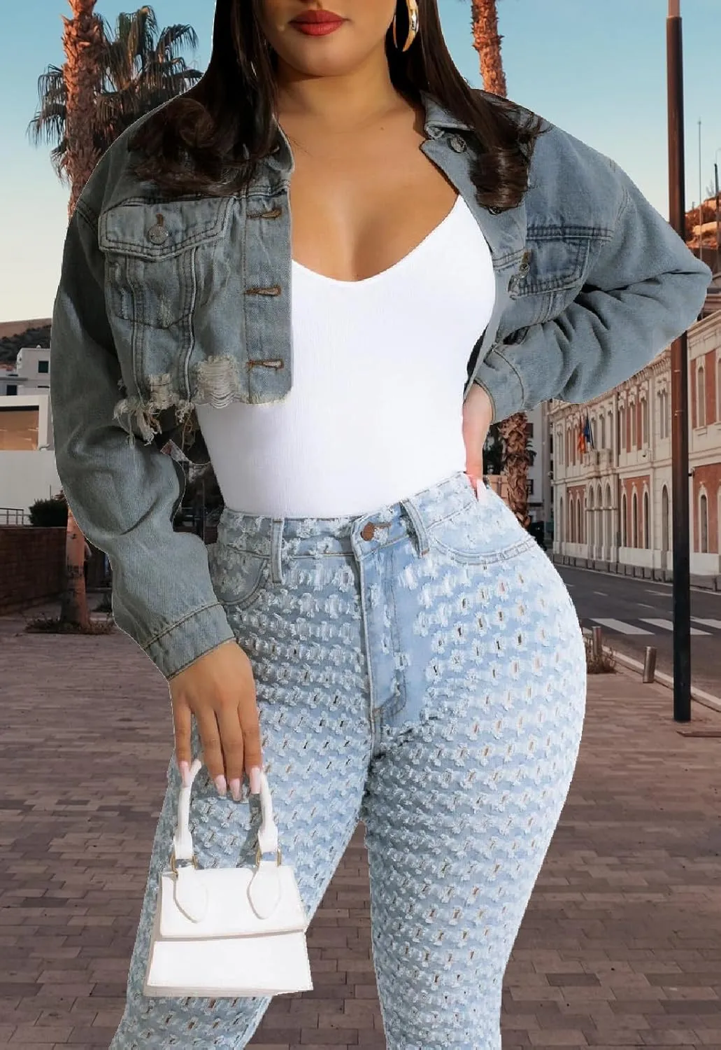 ZERMOM Women's Cropped Denim Jacket Button Down Long Sleeve Fitted Crop Top Jean Coat