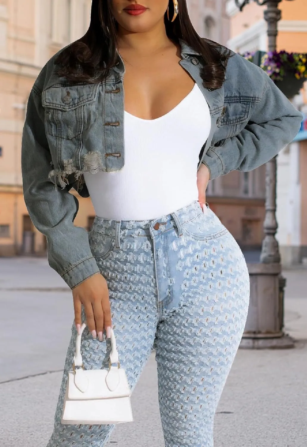 ZERMOM Women's Cropped Denim Jacket Button Down Long Sleeve Fitted Crop Top Jean Coat