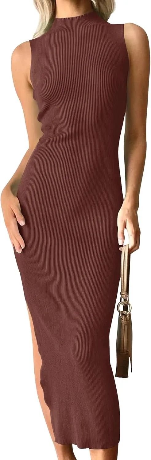 ZESICA Women's Summer Knitted Sweater Dress Sleeveless Mock Neck Ribbed Side Slit Bodycon Tank Midi Dresses