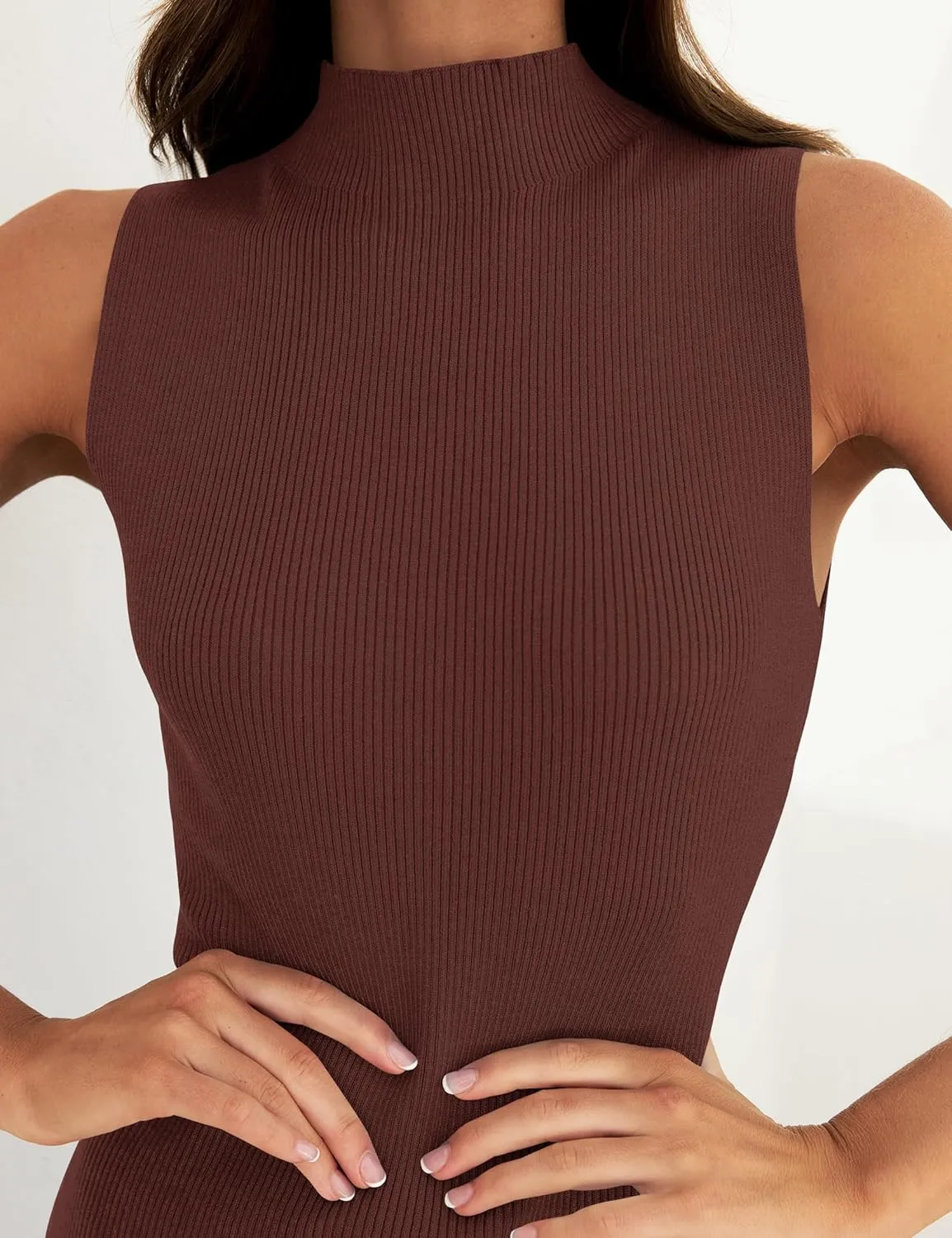 ZESICA Women's Summer Knitted Sweater Dress Sleeveless Mock Neck Ribbed Side Slit Bodycon Tank Midi Dresses